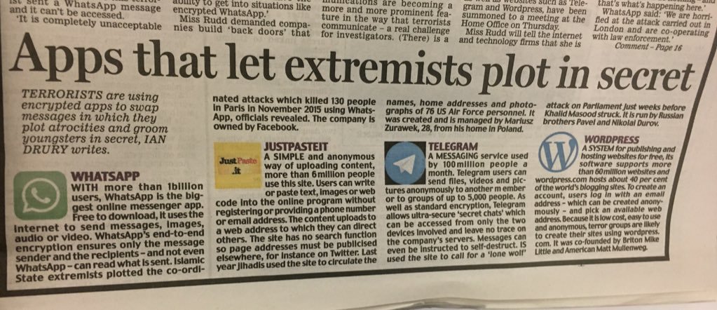 Front page of the Telegraph, March 2016, describing "Apps That Let Terrorists Plot In Secret"